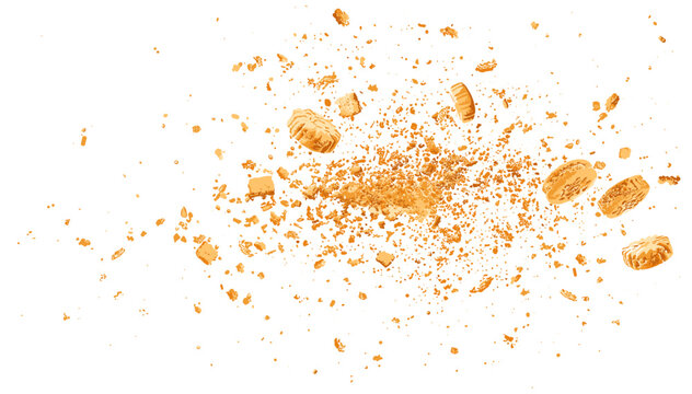 Biscuit crumbs vector, cookie flying isolated on white, clipping path, snack treat, crispy dessert, bakery item, sweet crunch, crunchy snack, food texture, sweet cookies