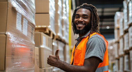 A black warehouse worker with dreadlocks is smiling and giving a thumbs up while sorting boxes in a busy distribution center