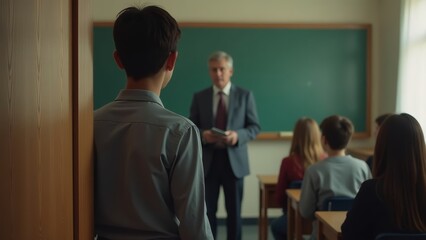 A late boy student in a small school class makes excuses to a male teacher in a business suit at the blackboard for being late. School stress concept.