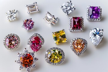 Sparkling diamond earrings with various gemstone cuts luxurious fine jewelry white background