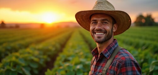 Smiling face of male farmer in straw hat in field at sunset. Happy agricultural worker in countryside reflecting hard work connection to land. Agronomist on crop cultivation. Rural scene. Sustainable