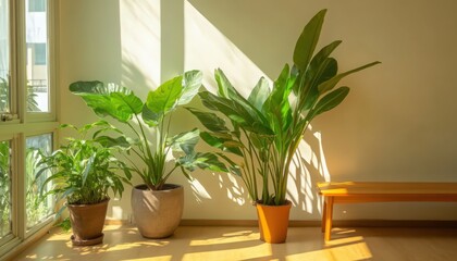 Fototapeta premium Three potted plants in sunlight near a wooden bench. Warm light illuminates the room's interior