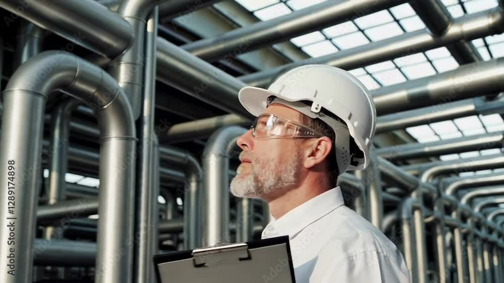 Poster professional engineer wearing hardhat and safety glasses performing precise pipeline system inspecti