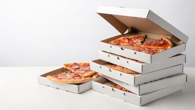 Pizza Slices in Cardboard Boxes on White Background