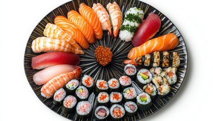 Assortment of Colorful Sushi and Sashimi on Elegant Black Plate with Various Seafood Delicacies and Garnishes for Exquisite Culinary Presentation