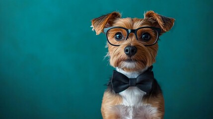 A charming dog in glasses and a bow tie against a turquoise backdrop, ideal for 'Take Your Dog to Work Day' promotions, pet-related events, or modern pet accessories.