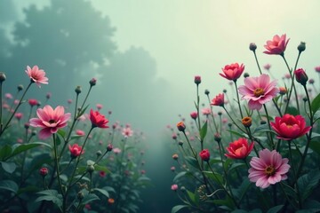 Obraz premium Shrouded in mist, the flowers seem to be awakening, vintage floral, misty flower background abstract