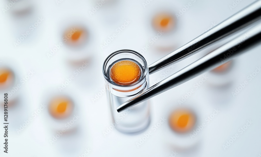 Poster close-up image of a scientist holding a glass sample with orange droplet using tweezers in a laborat