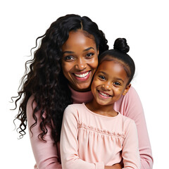 Loving African-American mother and daughter portrait. Cheerful embrace, pastel pink outfits. Family bond, beauty, lifestyle. Isolated on transparent background.