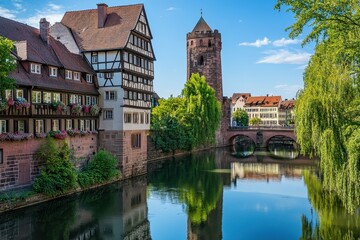 Fototapeta premium Historic Nuremberg: A Picturesque View of the Old City by the Pegnitz River, Germany's European Gem