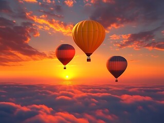 Obraz premium Three hot air balloons ascend through the clouds at sunset