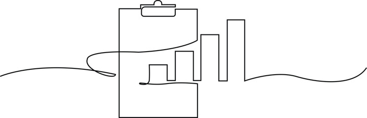 Continuous line drawing of clipboard. Growth graph icon business, bar chart, one line, single line art, vector illustration.