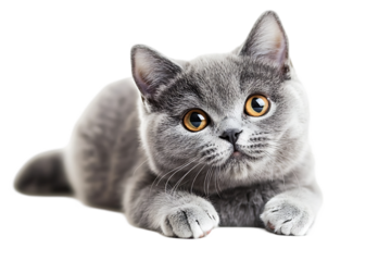 Adorable gray kitten lying down, looking up.