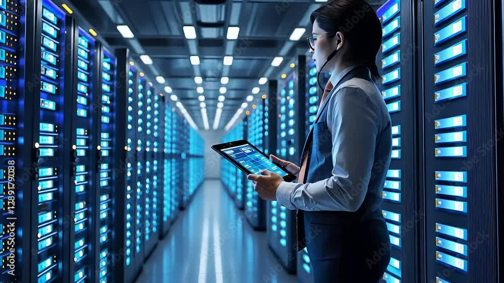 Aufkleber data center technician monitoring server racks with tablet, high-tech network infrastructure, and cl