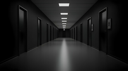 Long Dark Corridor With Black Doors and Dim Lighting