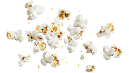 Macro flying popcorn isolated on white, vector, with clipping path, crispy snack, popped corn, cinema snack, crunchy popcorn, fluffy popcorn, gourmet popcorn © aura studio