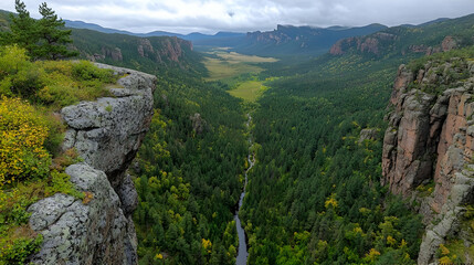 Mountain valley autumn landscape, river flows through, aerial view
