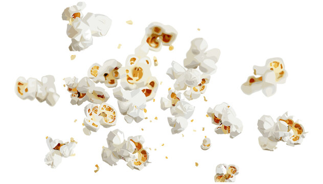 Macro flying popcorn isolated on white, vector, with clipping path, crispy snack, popped corn, cinema snack, crunchy popcorn, fluffy popcorn, gourmet popcorn