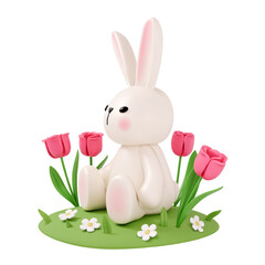 3D white bunny with pink tulips on a green base, isolated. Easter rabbit concept for spring holiday decorations, greeting cards, or children’s design projects
