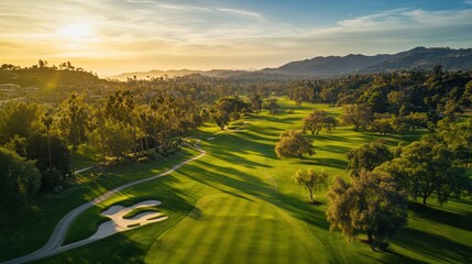 Naklejka premium A stunning aerial view of the magical, lush green golf course at sunset in a luxury resort hotel near a highway with mountains and a lake 