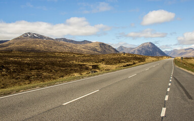 Early spring drive through the Scottish Highlands, with Buchaille Etive Mor rising in the Background