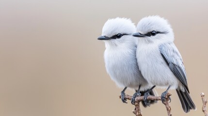 Two fluffy white birds perched on a branch, nature background, wildlife photography
