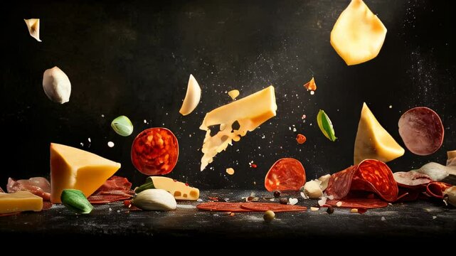 Cheese and cured meats float in a culinary display with garlic and herbs on a dark background