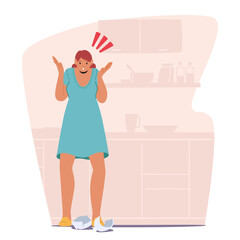 Sad unhappy woman cartoon character breaking dish during dinner preparation at home kitchen