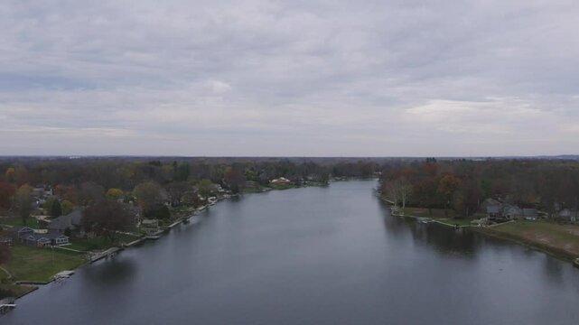 Aerial of houses along a river in the Midwest