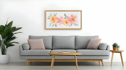 Fototapeta premium Pastel Watercolor Floral Painting in Modern Living Room