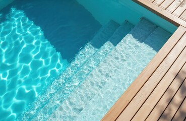 New fiberglass swimming pool with steps and clean refreshing water. Wooden flooring deck of teak board at resort spa. Ladder entrance underwater. Relaxing vacation, hot summer day.