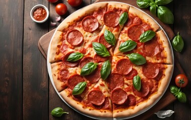 A close-up of a pepperoni pizza with melted cheese and fresh basil leaves on a wooden table