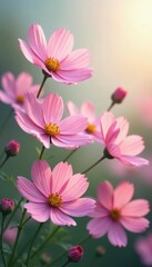 Obraz premium Pink cosmos flowers swaying gently in the breeze with soft pastel shades, nature, breeze