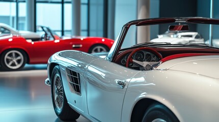 Obraz premium A car showroom showcasing a luxury sports convertible. Featuring open-air freedom and sleek design