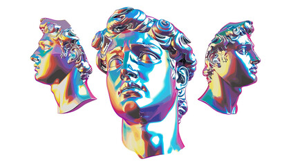 Vector fragmented classical sculpture of a youth’s head in iridescent chrome, isolated on transparent background, modern bust, futuristic statue, abstract art