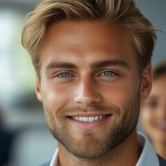 Fototapeta premium A portrait featuring two businessmen and a businesswoman, with a focus on male real estate professionals in a corporate setting