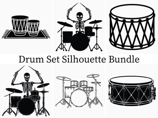 Black and white classical music drum set silhouette clipart bundle design. vector illustration.