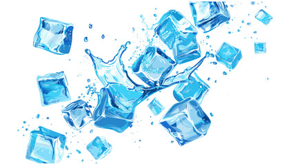 Vector flying ice cubes with water splash, fresh blue ice cubes falling and splashing isolated on white or transparent PNG, cold water drops, refreshing splash, clear ice