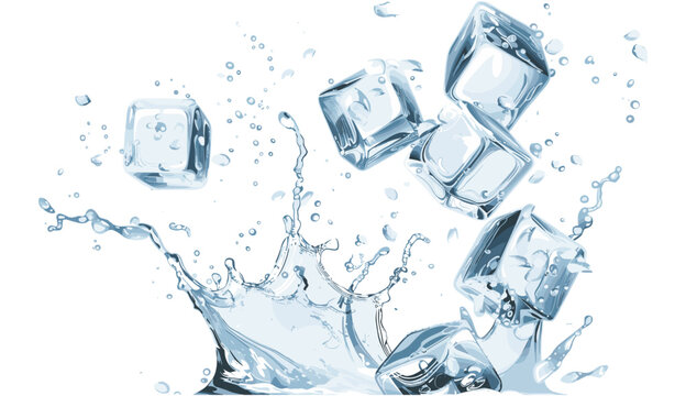 Fresh ice cubes vector, cold splash, isolated on white, transparent PNG, frozen water, realistic cool effect, melting ice, chilled beverage element, refreshing frost, clear icy texture
