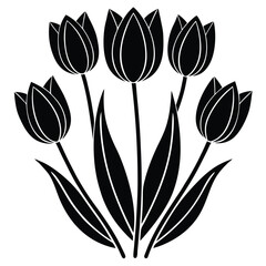 Hand-drawn tulip flower bouquet icon in black and white. A minimalist design featuring multiple tulip stems and leaves, ideal for floral decorations, spring themes, and botanical artwork
