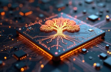 Circuit board displays glowing tree roots. Tech art system artificial intelligence. Innovation, machine learning, data analysis solutions. Smart modern tech banner with connection, neural network,