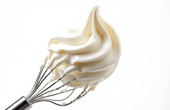 Close-up of whisk with whipped cream on white background. Perfect swirl, dessert decoration. Metal kitchen utensil tool for culinary art, meringue preparation and sweet pastry recipes.
