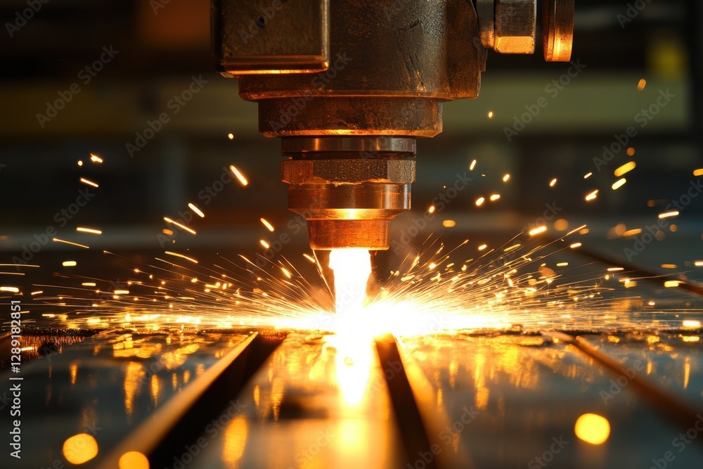 Poster laser cutting process generates sparks in a manufacturing workshop setting