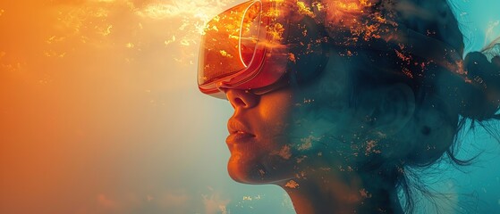 double exposure, Person immersed in VR technology for therapeutic purposes like exposure therapy or stress relief exercises on sky background