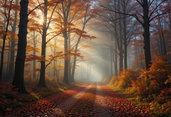 Fototapeta premium The Picturesque Nature of Autumn Background with Stunning Trees in Bright Fall Colors Leaves Covering a Winding Forest Trail and a Soft Golden Light Creating a Serene and Relaxing Outdoor Landscape fo