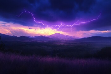 Spectacular lightning illuminates the mountains during a vibrant sunset in nature