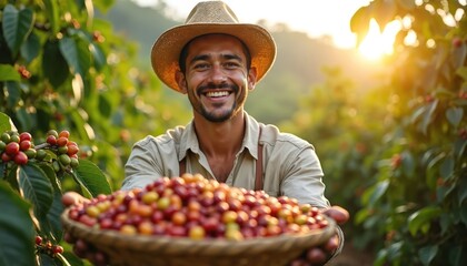 Happy farmer shows hatful of ripe coffee beans. Coffee plants in background on sunlit day. Authenticity, rustic charm. Sustainable farming. Fresh, quality produce, environmental stewardship,