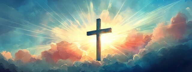 Christian easter illustration of the cross with clouds and light, watercolor, colorful, holy background, vibrant colors, shining sky, rays, and the power of Jesus