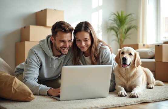 Glad couple discusses repair projects, looks attentively into laptop. Their dog lies near them. People pose in living room on floor in casual clothes. New home concept. Online shopping.