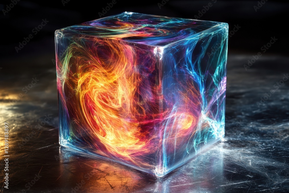 Poster colorful light patterns within a translucent cube create a mesmerizing visual effect